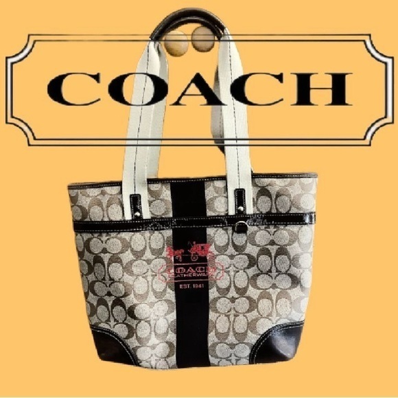 COACH Chelsea Heritage Stripe bag, beige and brown leather vintage - Picture 1 of 7